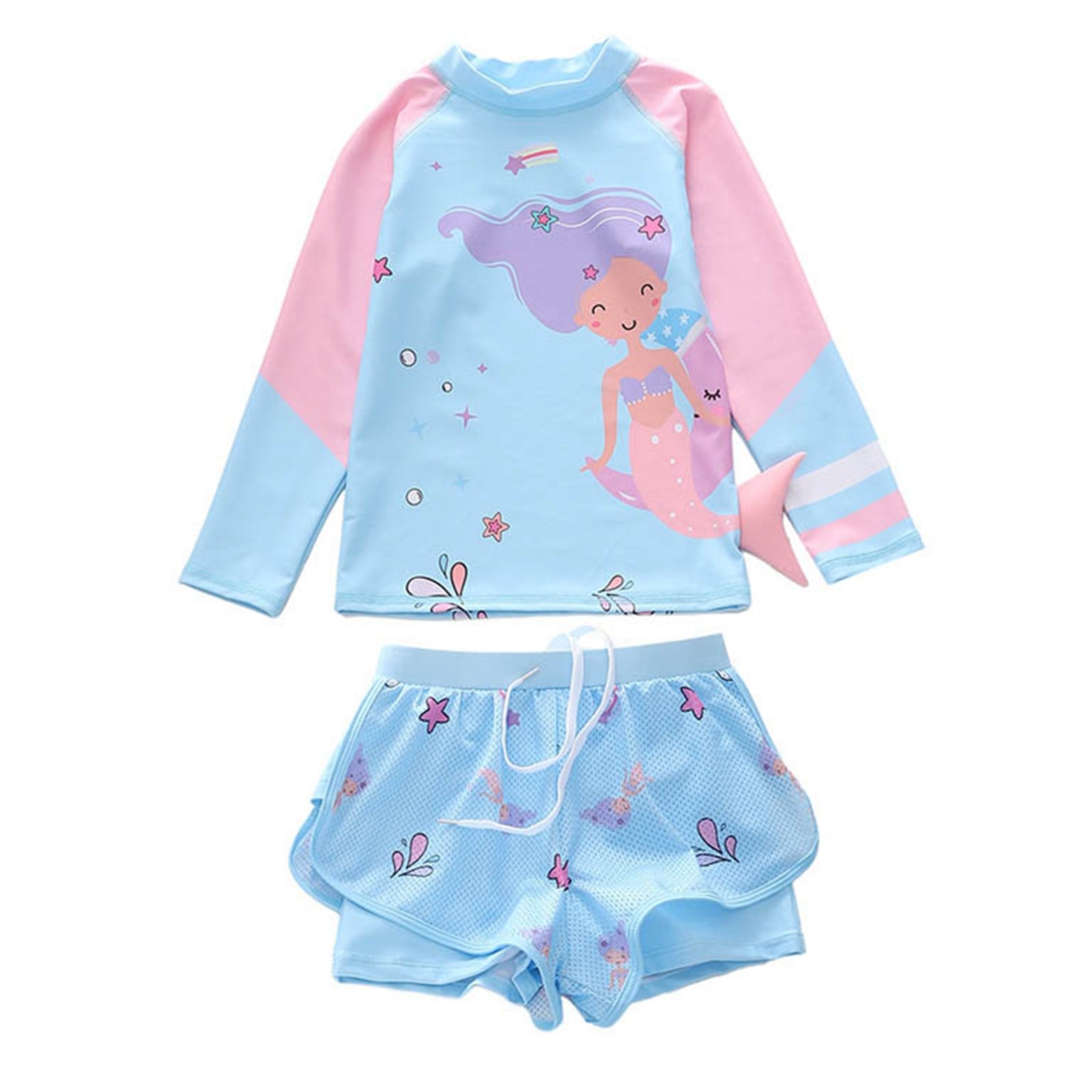 Hienoo Toddler Girls 2-Piece Swimsuit Long Sleeve Rashguard Shorts Quick Dry Swimwear